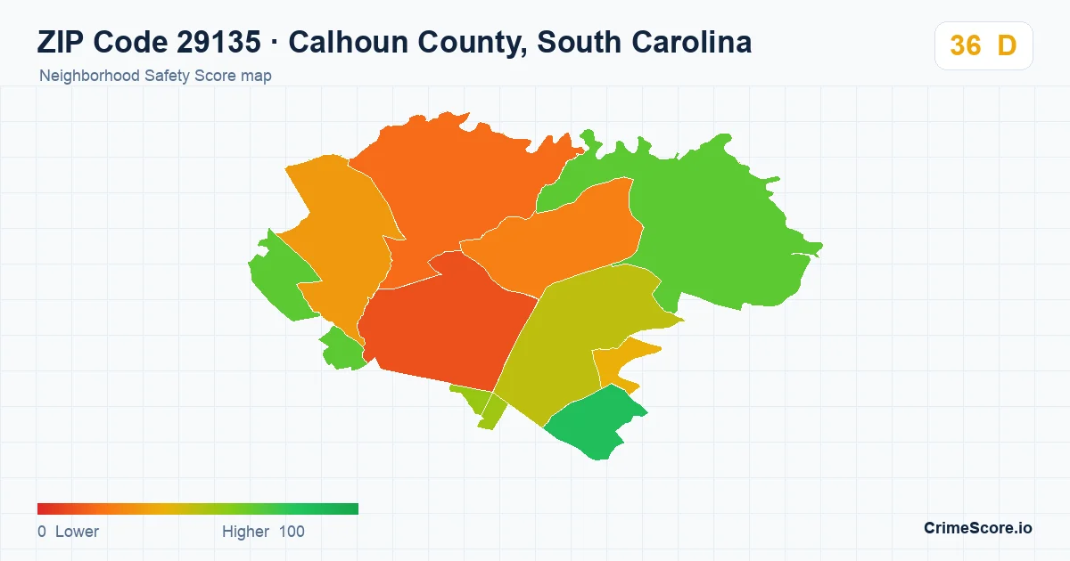 ZIP Code 29135 in Calhoun County, South Carolina neighborhood Safety Score map
