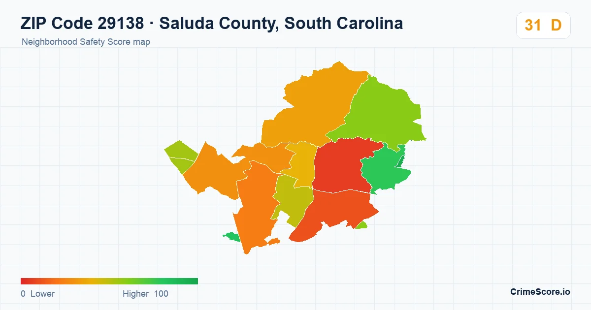 ZIP Code 29138 in Saluda County, South Carolina neighborhood Safety Score map