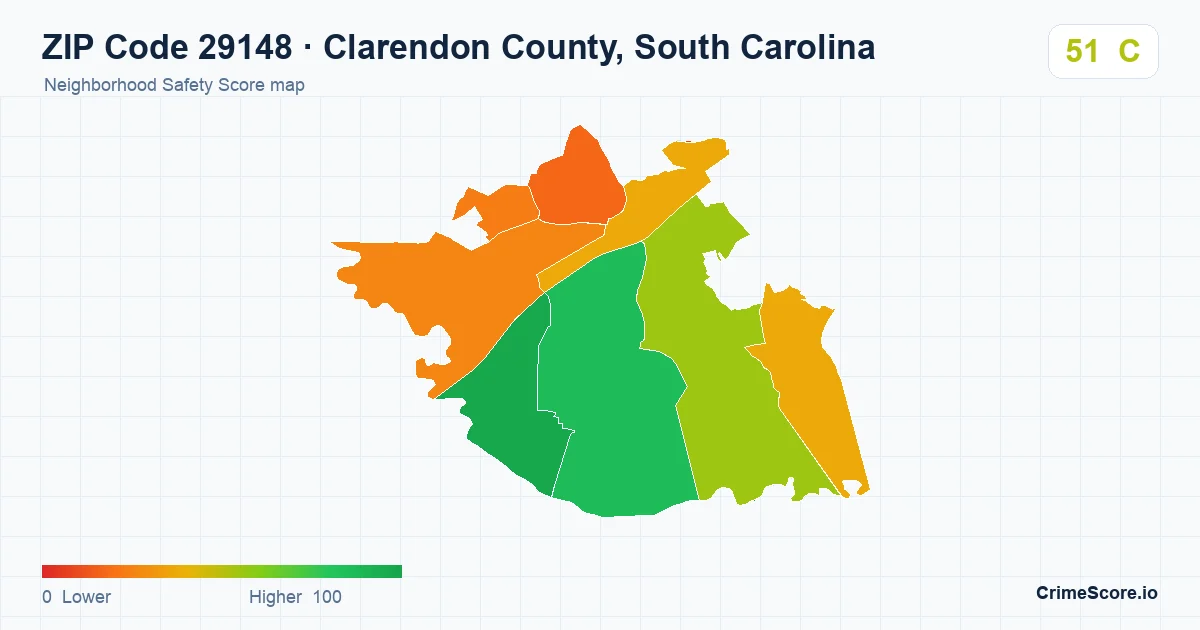 ZIP Code 29148 in Clarendon County, South Carolina neighborhood Safety Score map