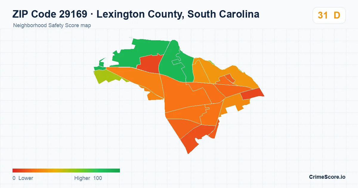 ZIP Code 29169 in Lexington County, South Carolina neighborhood Safety Score map