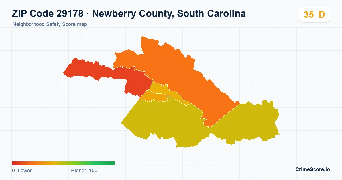 ZIP Code 29178 in Newberry County, South Carolina neighborhood Safety Score map