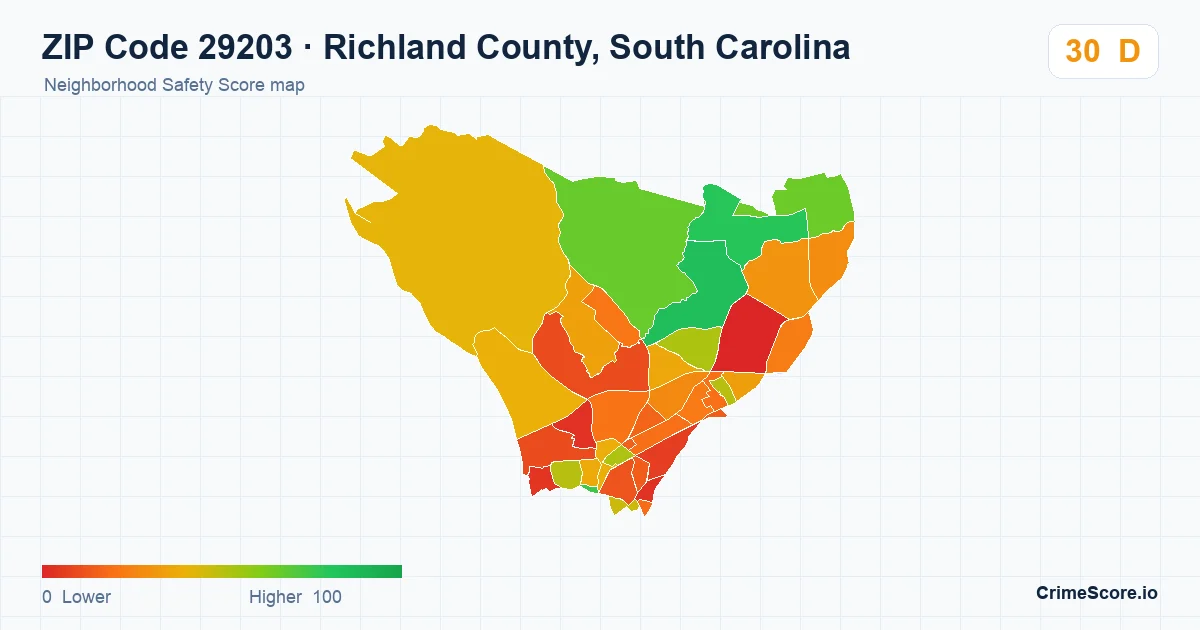 ZIP Code 29203 in Richland County, South Carolina neighborhood Safety Score map