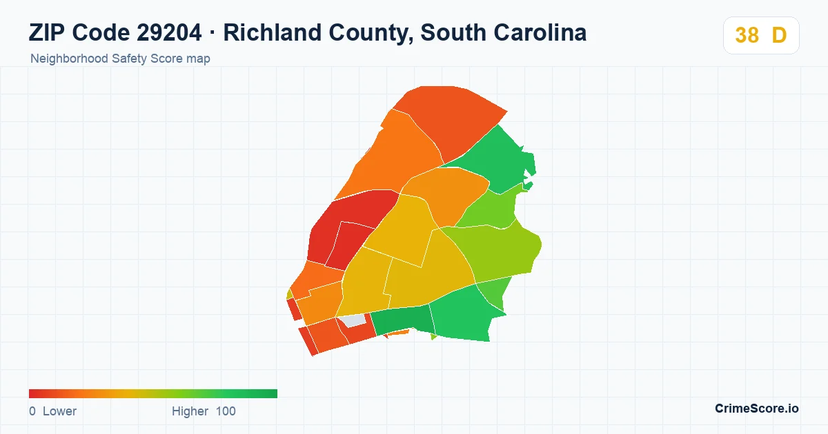 ZIP Code 29204 in Richland County, South Carolina neighborhood Safety Score map