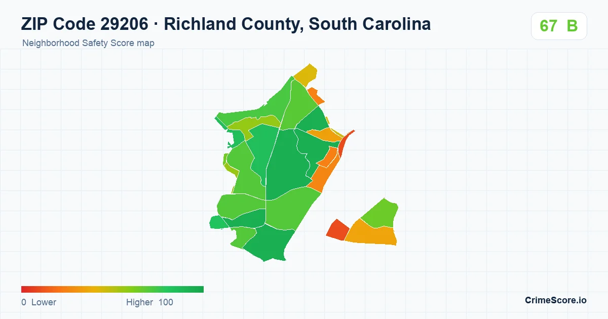 ZIP Code 29206 in Richland County, South Carolina neighborhood Safety Score map