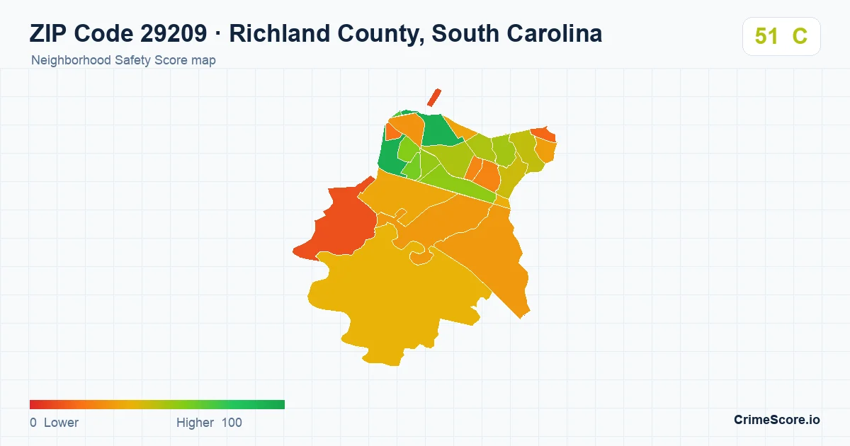 ZIP Code 29209 in Richland County, South Carolina neighborhood Safety Score map