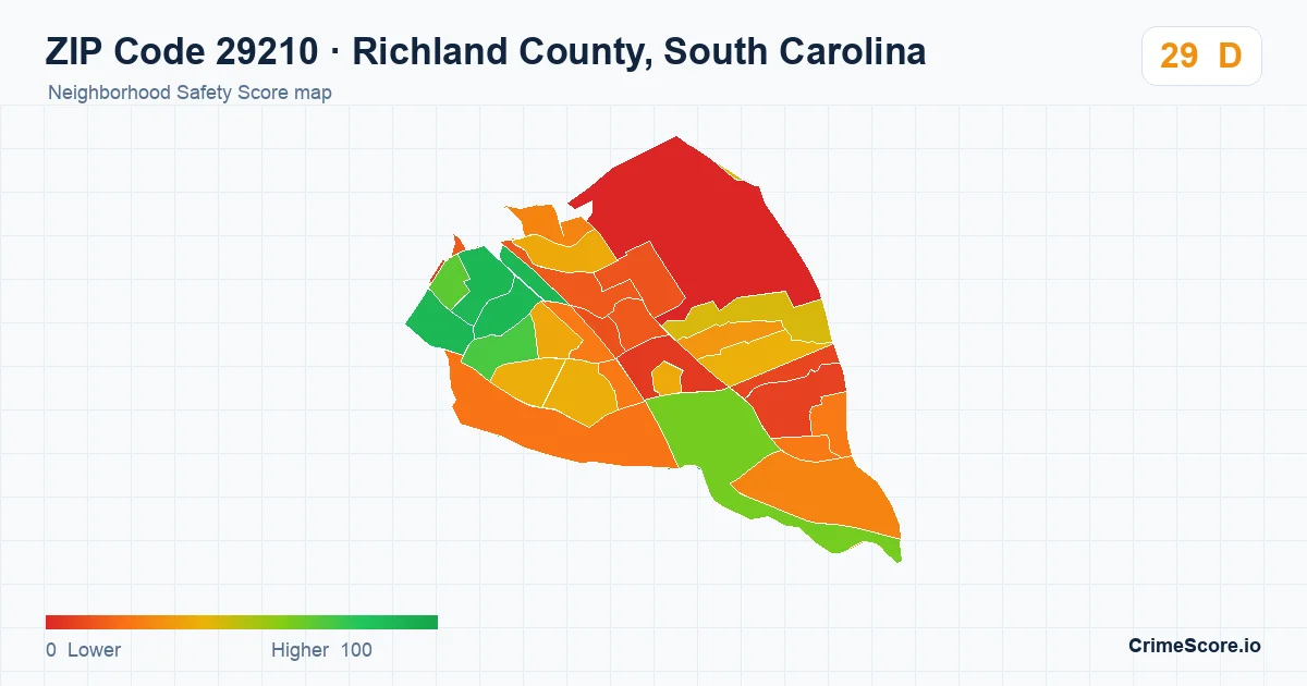 ZIP Code 29210 in Richland County, South Carolina neighborhood Safety Score map