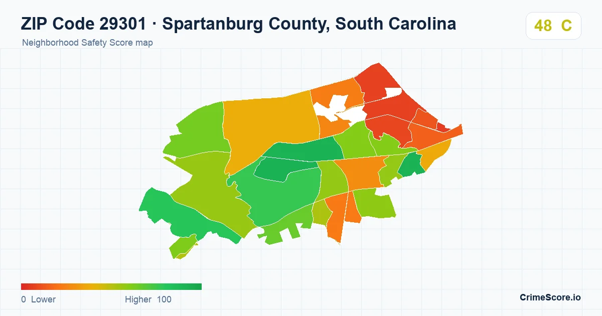 ZIP Code 29301 in Spartanburg County, South Carolina neighborhood Safety Score map