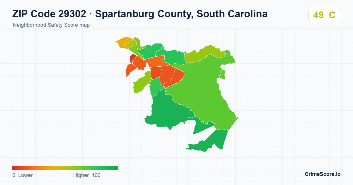 ZIP Code 29302 in Spartanburg County, South Carolina neighborhood Safety Score map