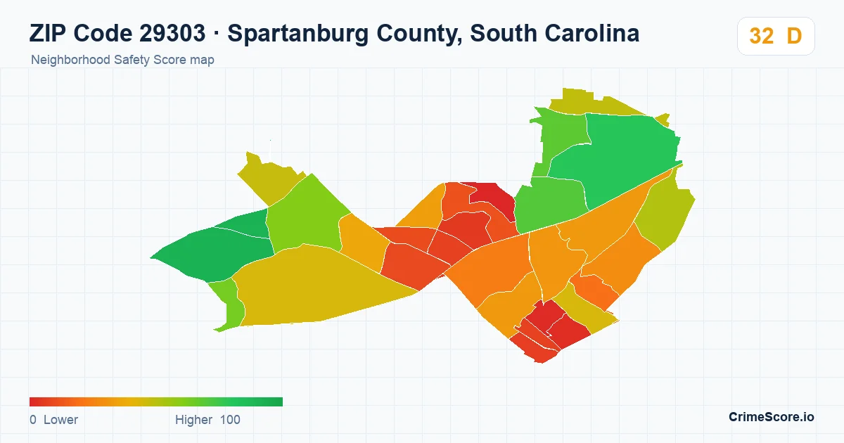 ZIP Code 29303 in Spartanburg County, South Carolina neighborhood Safety Score map