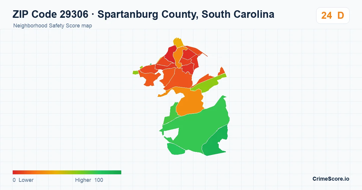 ZIP Code 29306 in Spartanburg County, South Carolina neighborhood Safety Score map