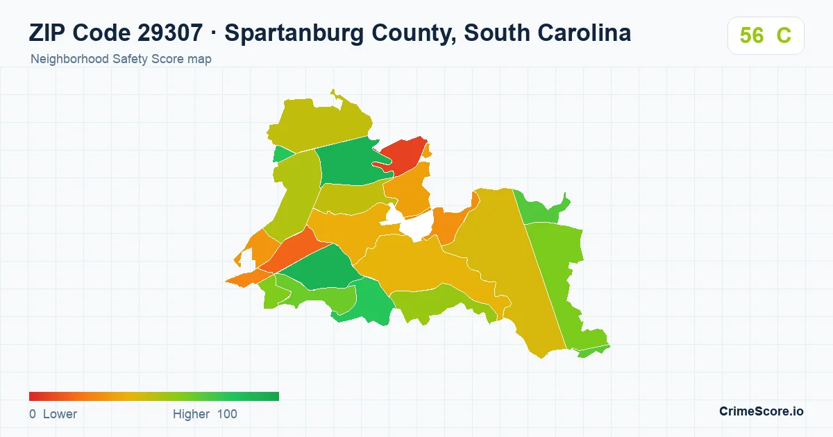 ZIP Code 29307 in Spartanburg County, South Carolina neighborhood Safety Score map