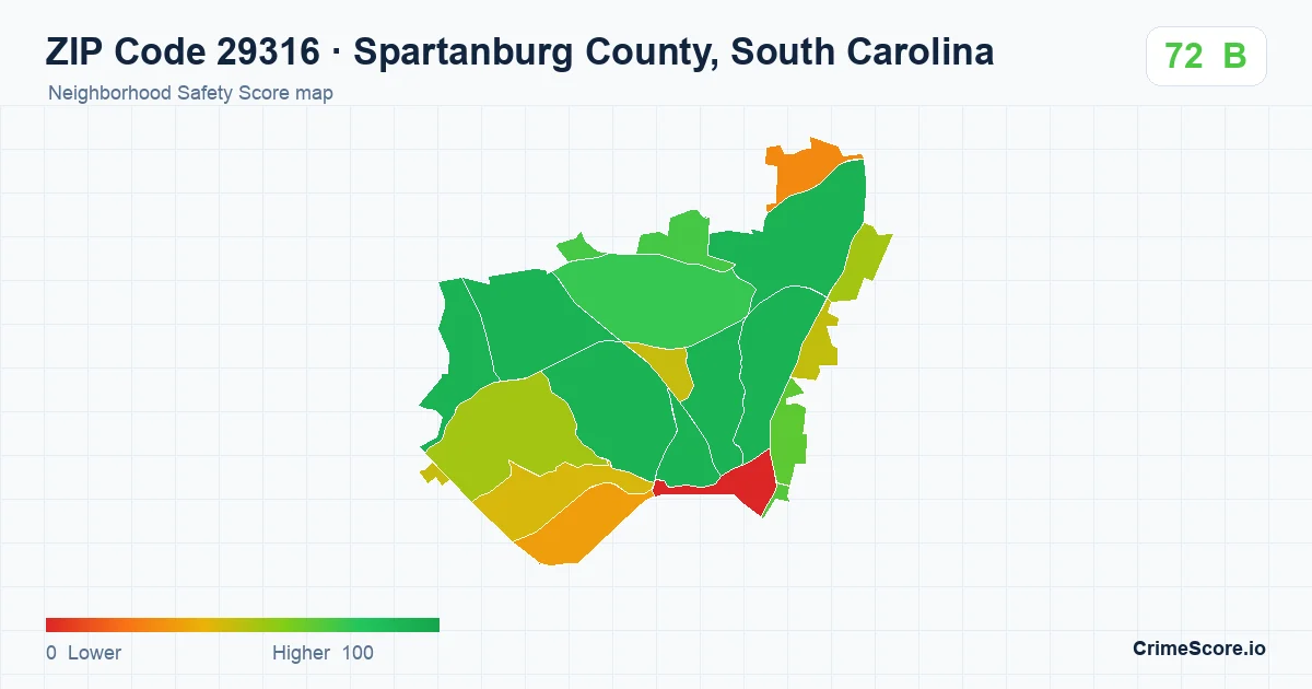 ZIP Code 29316 in Spartanburg County, South Carolina neighborhood Safety Score map