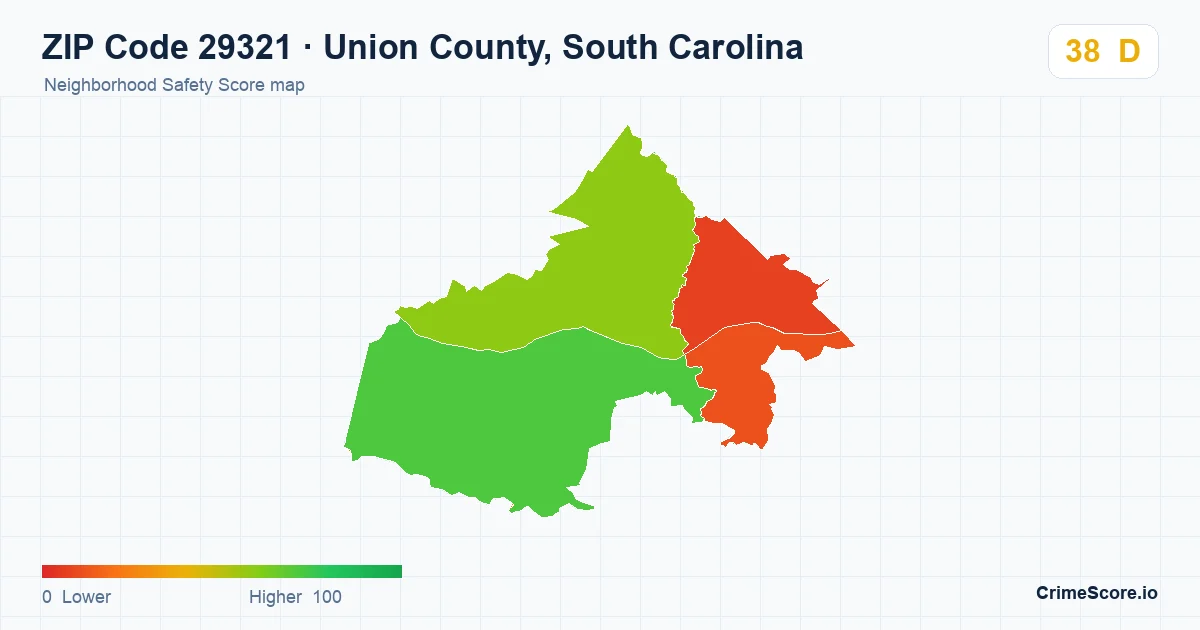 ZIP Code 29321 in Union County, South Carolina neighborhood Safety Score map