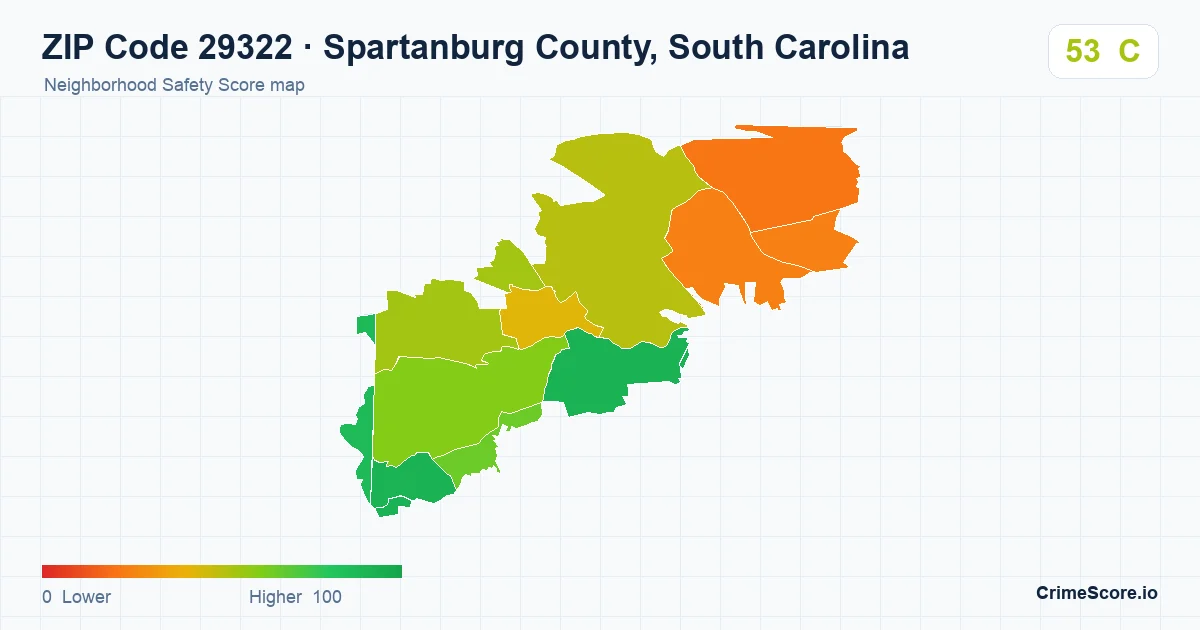 ZIP Code 29322 in Spartanburg County, South Carolina neighborhood Safety Score map
