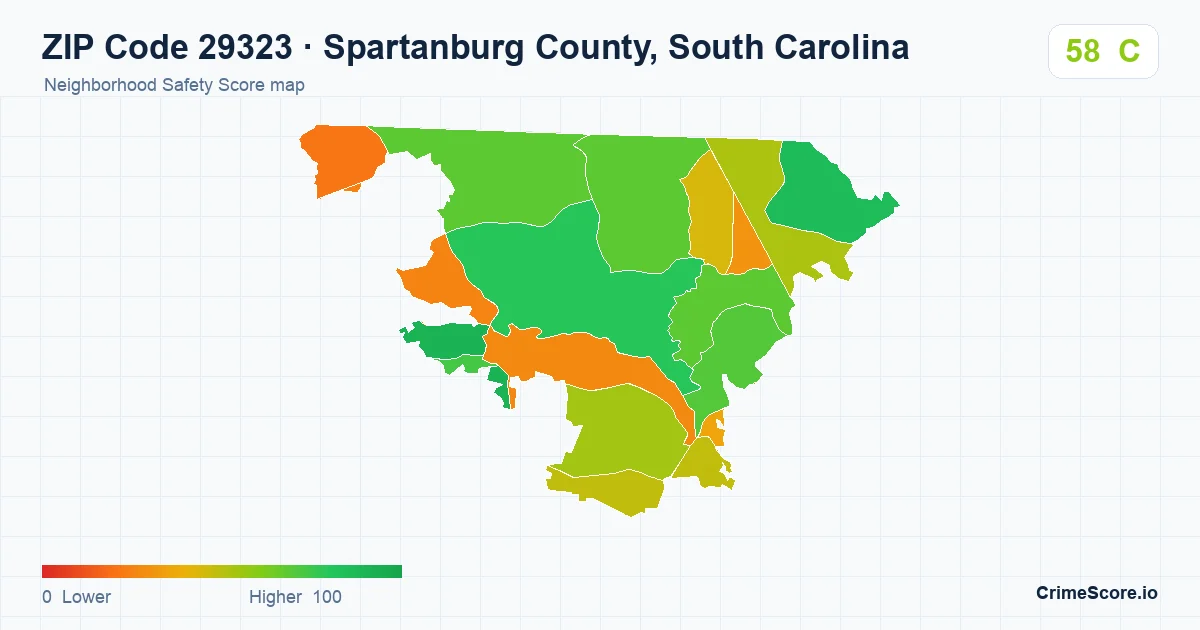 ZIP Code 29323 in Spartanburg County, South Carolina neighborhood Safety Score map