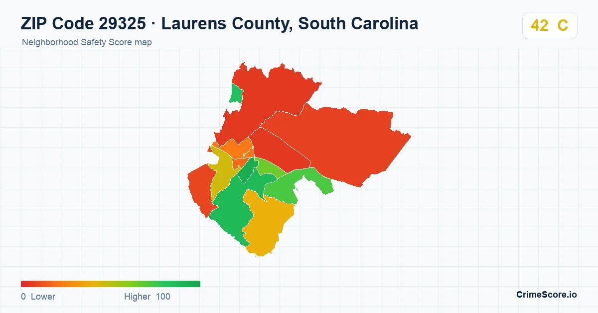 ZIP Code 29325 in Laurens County, South Carolina neighborhood Safety Score map