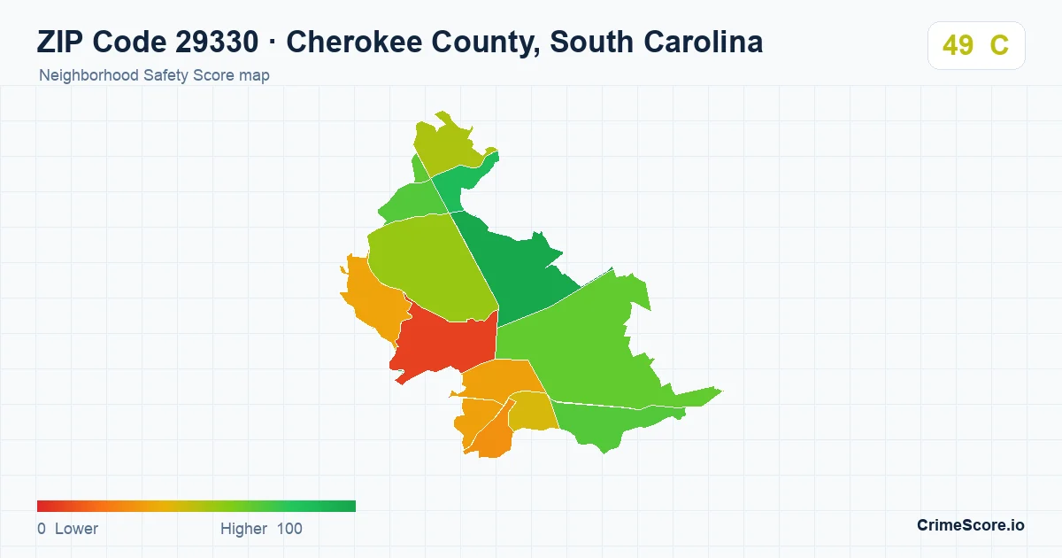 ZIP Code 29330 in Cherokee County, South Carolina neighborhood Safety Score map