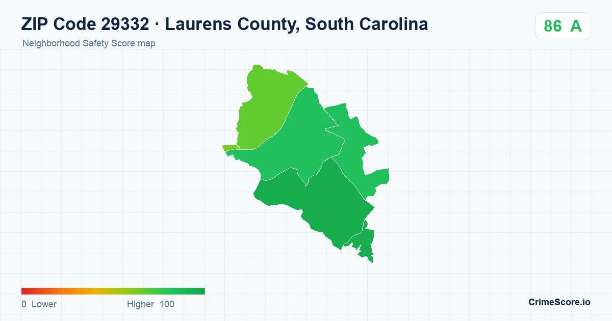 ZIP Code 29332 in Laurens County, South Carolina neighborhood Safety Score map