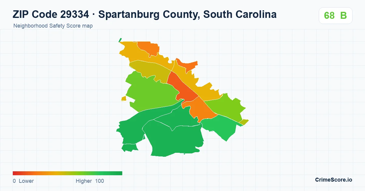 ZIP Code 29334 in Spartanburg County, South Carolina neighborhood Safety Score map