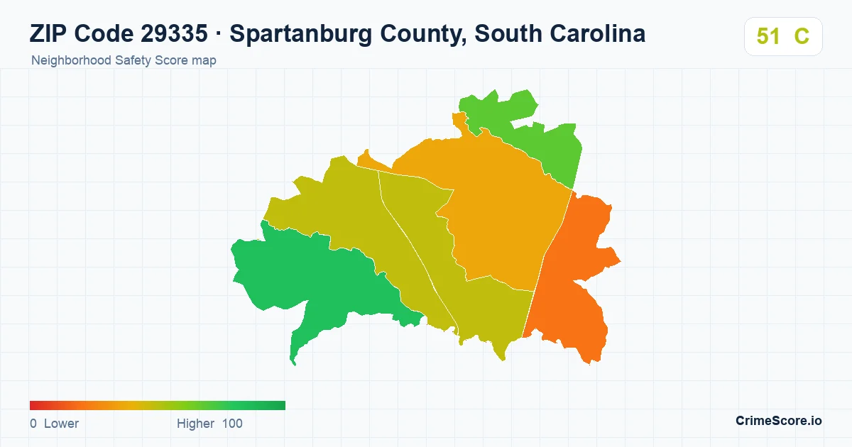 ZIP Code 29335 in Spartanburg County, South Carolina neighborhood Safety Score map