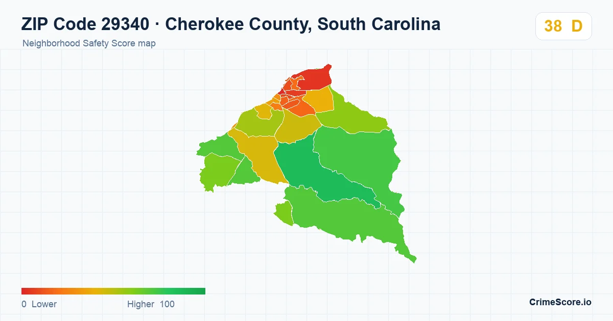 ZIP Code 29340 in Cherokee County, South Carolina neighborhood Safety Score map