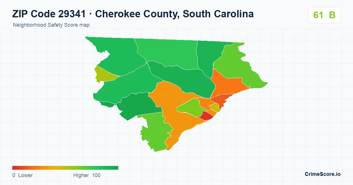 ZIP Code 29341 in Cherokee County, South Carolina neighborhood Safety Score map