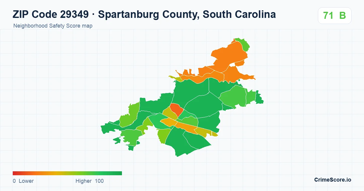 ZIP Code 29349 in Spartanburg County, South Carolina neighborhood Safety Score map