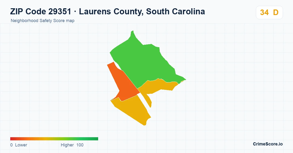 ZIP Code 29351 in Laurens County, South Carolina neighborhood Safety Score map