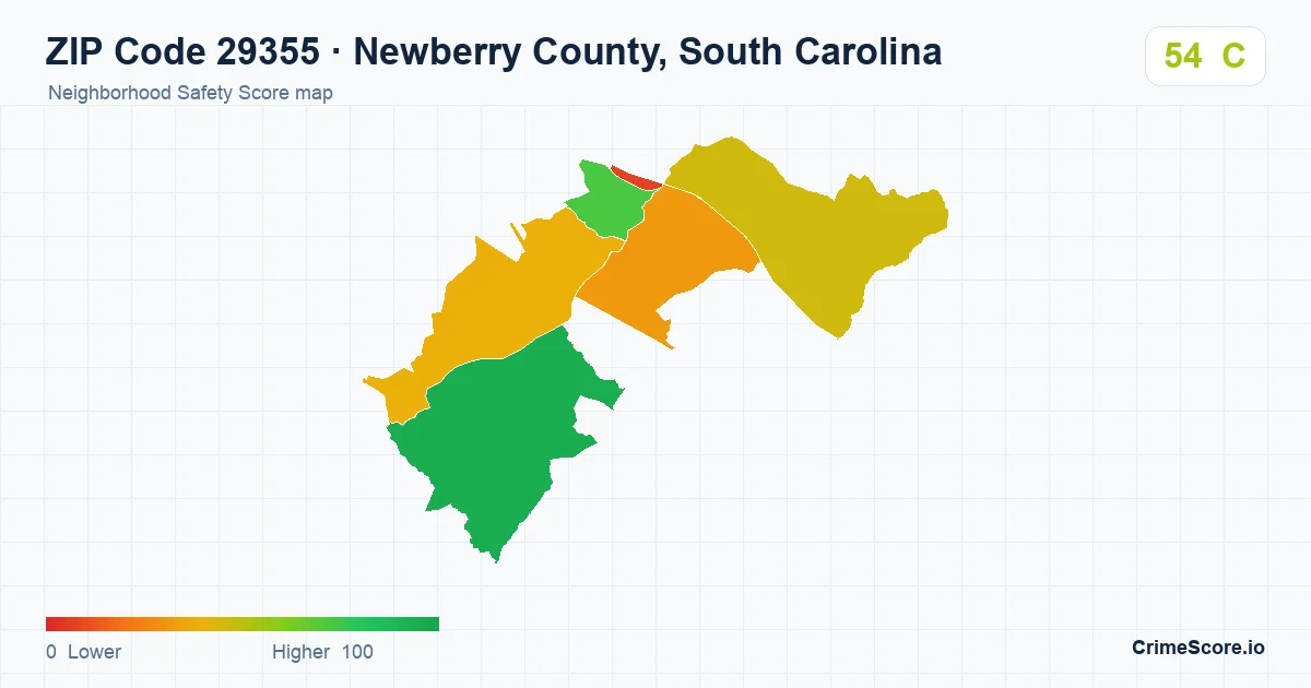 ZIP Code 29355 in Newberry County, South Carolina neighborhood Safety Score map
