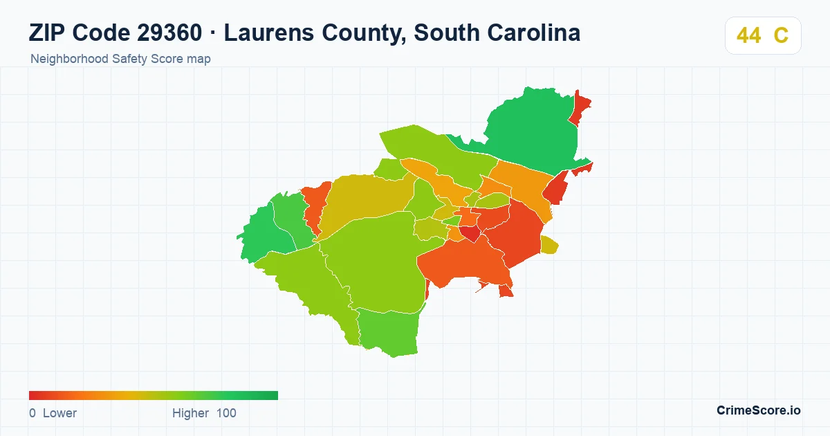 ZIP Code 29360 in Laurens County, South Carolina neighborhood Safety Score map