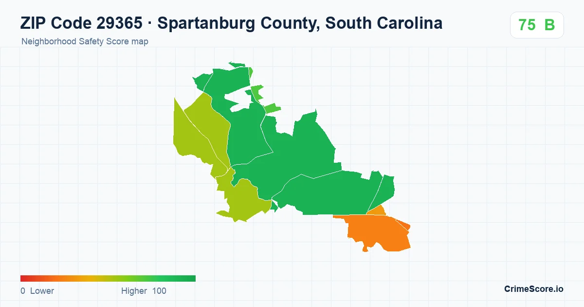 ZIP Code 29365 in Spartanburg County, South Carolina neighborhood Safety Score map