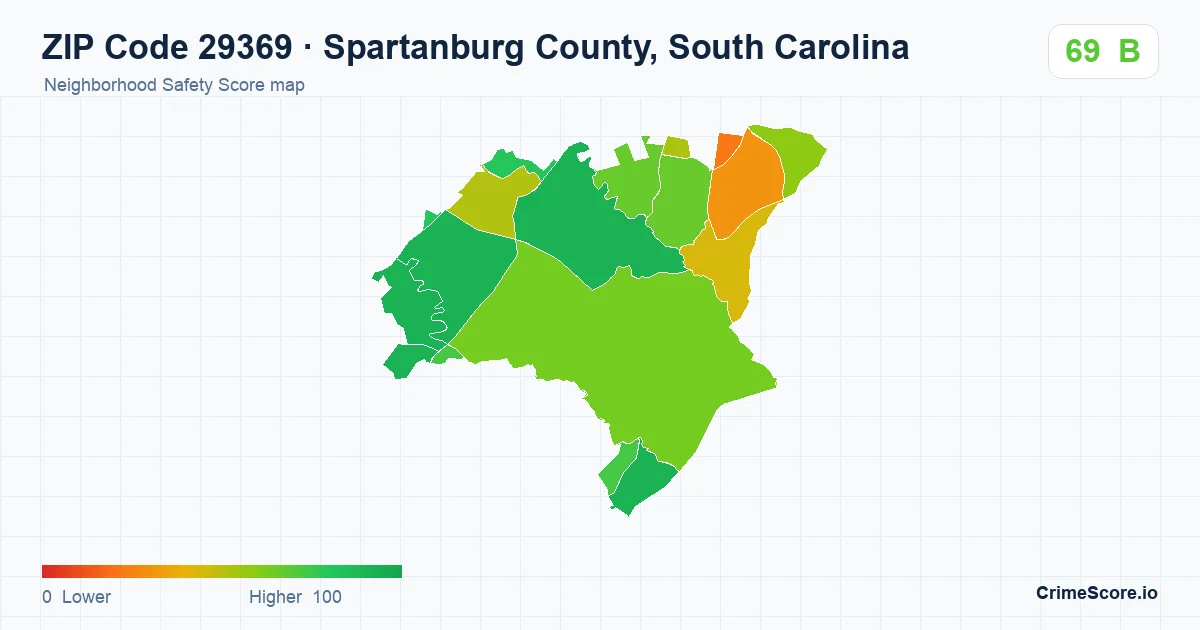 ZIP Code 29369 in Spartanburg County, South Carolina neighborhood Safety Score map