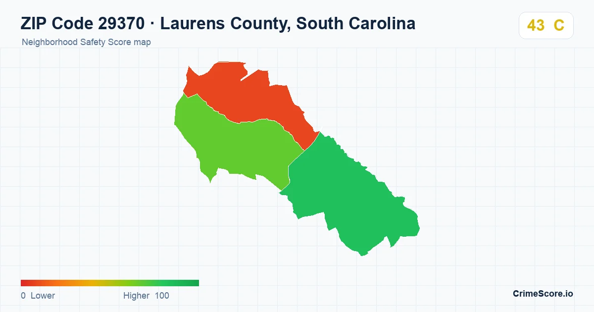 ZIP Code 29370 in Laurens County, South Carolina neighborhood Safety Score map