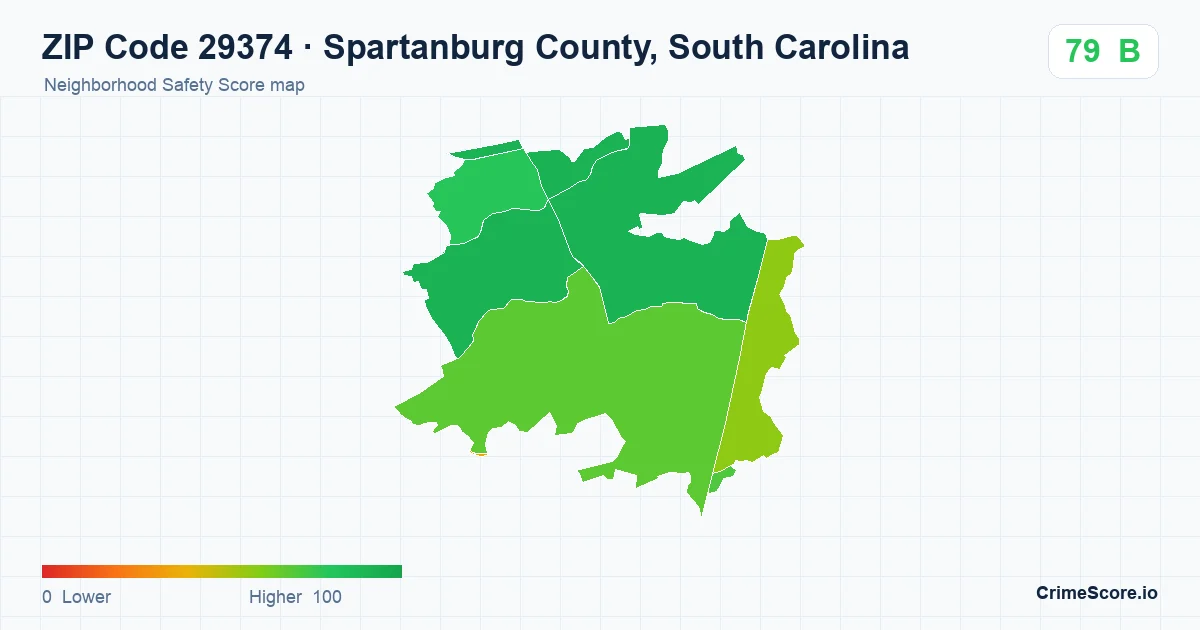ZIP Code 29374 in Spartanburg County, South Carolina neighborhood Safety Score map