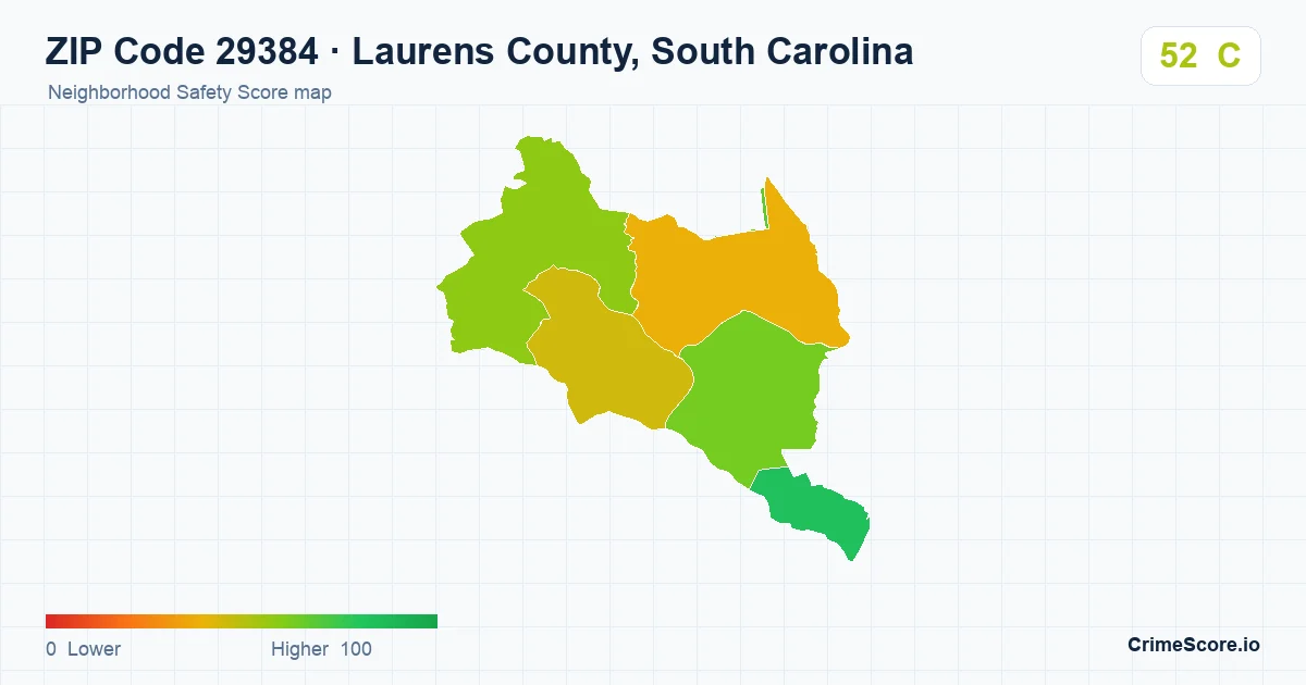 ZIP Code 29384 in Laurens County, South Carolina neighborhood Safety Score map