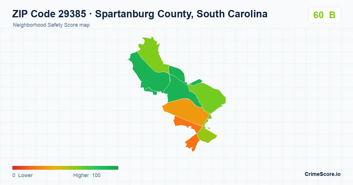 ZIP Code 29385 in Spartanburg County, South Carolina neighborhood Safety Score map
