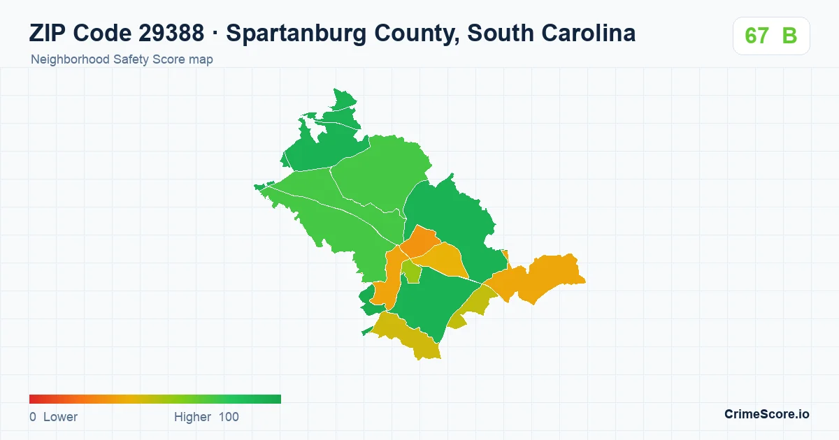 ZIP Code 29388 in Spartanburg County, South Carolina neighborhood Safety Score map