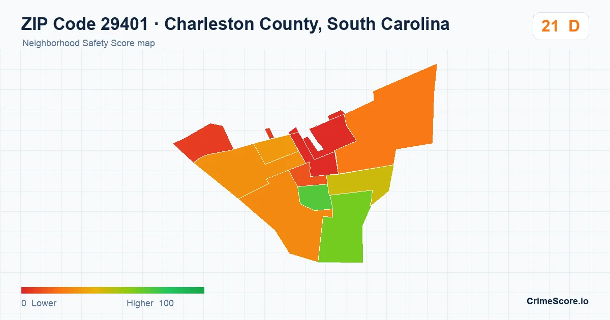 ZIP Code 29401 in Charleston County, South Carolina neighborhood Safety Score map