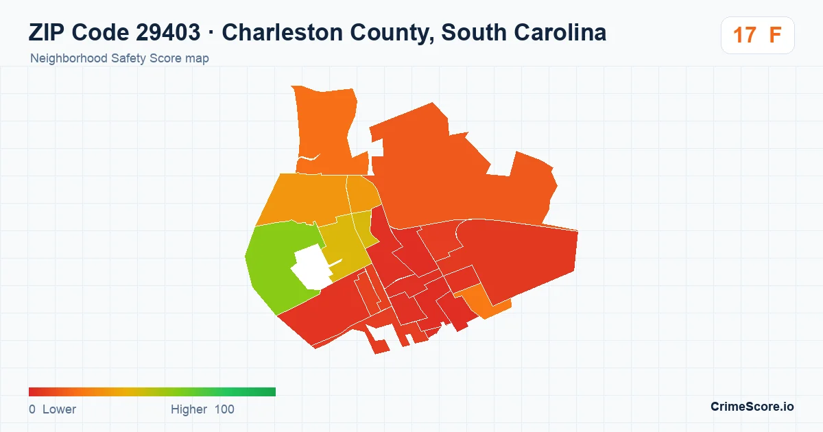 ZIP Code 29403 in Charleston County, South Carolina neighborhood Safety Score map