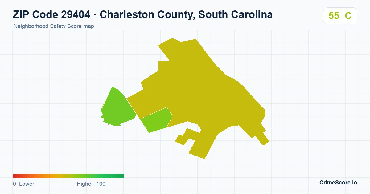 ZIP Code 29404 in Charleston County, South Carolina neighborhood Safety Score map