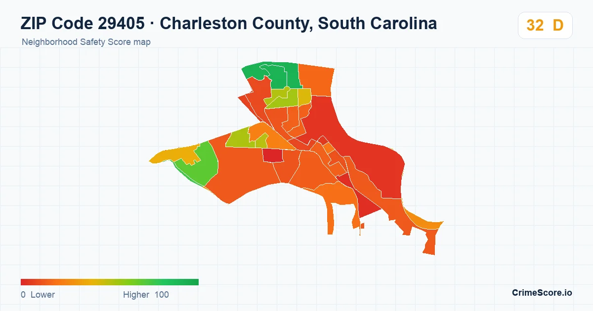 ZIP Code 29405 in Charleston County, South Carolina neighborhood Safety Score map