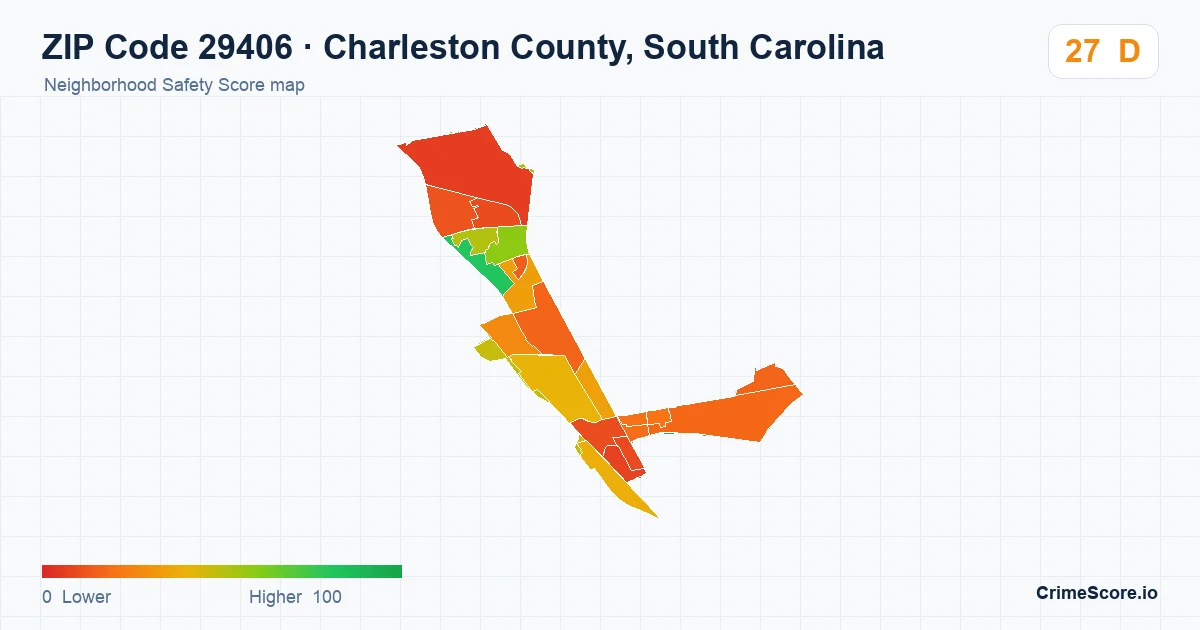 ZIP Code 29406 in Charleston County, South Carolina neighborhood Safety Score map