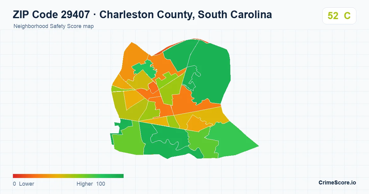 ZIP Code 29407 in Charleston County, South Carolina neighborhood Safety Score map