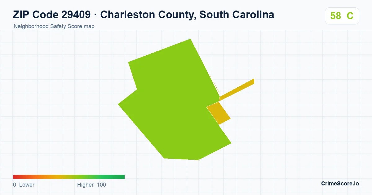 ZIP Code 29409 in Charleston County, South Carolina neighborhood Safety Score map