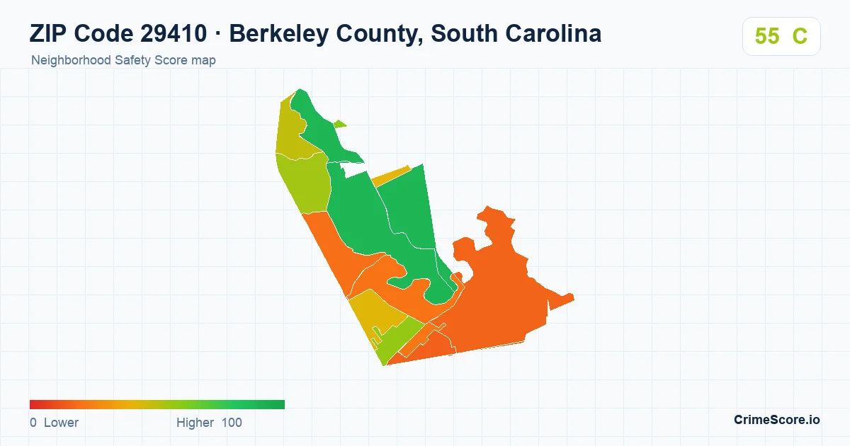 ZIP Code 29410 in Berkeley County, South Carolina neighborhood Safety Score map