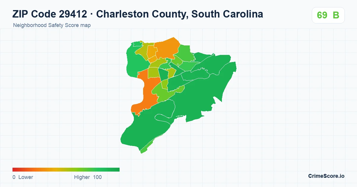 ZIP Code 29412 in Charleston County, South Carolina neighborhood Safety Score map