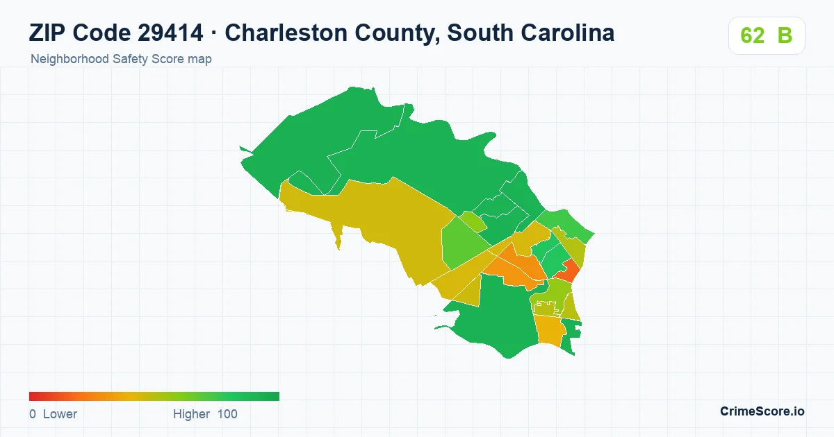 ZIP Code 29414 in Charleston County, South Carolina neighborhood Safety Score map