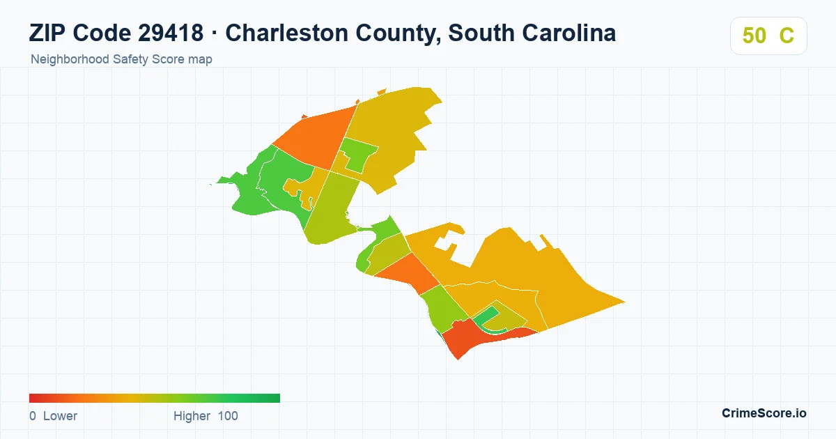ZIP Code 29418 in Charleston County, South Carolina neighborhood Safety Score map
