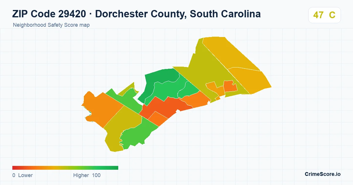 ZIP Code 29420 in Dorchester County, South Carolina neighborhood Safety Score map