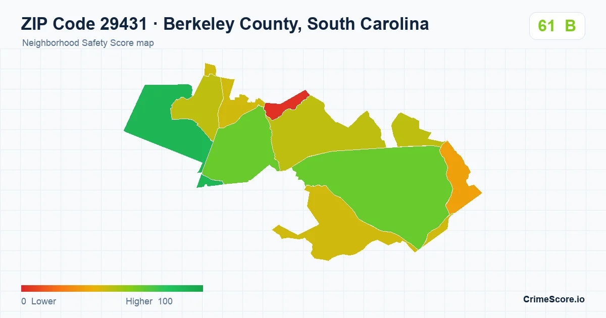 ZIP Code 29431 in Berkeley County, South Carolina neighborhood Safety Score map